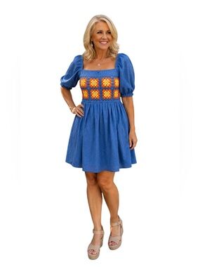 Karlie Blue Eyelet Mini Dress with Orange & Yellow Crochet Panel Size Large NWT